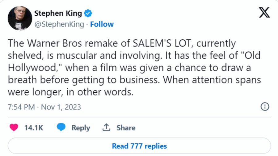 Salem's Lot' Author Stephen King Calls Out Warner Bros. For